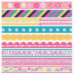 A collection of colorful floral designs are arranged in a row