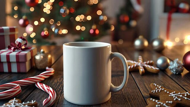 Christmas mockup of a blank mug on a wooden table, with candy canes, gingerbread cookies, and a decorated Christmas tree in the background. . Video
