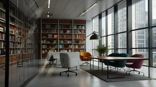 An office space with large glass windows and views of a modern building. Seamless 4K looping timelapse video animation background