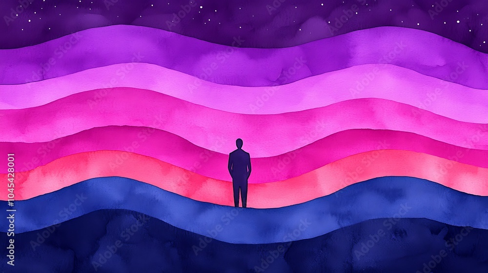 Poster exploring the depths of emotion and reflection through colorful waves in a dreamlike landscape
