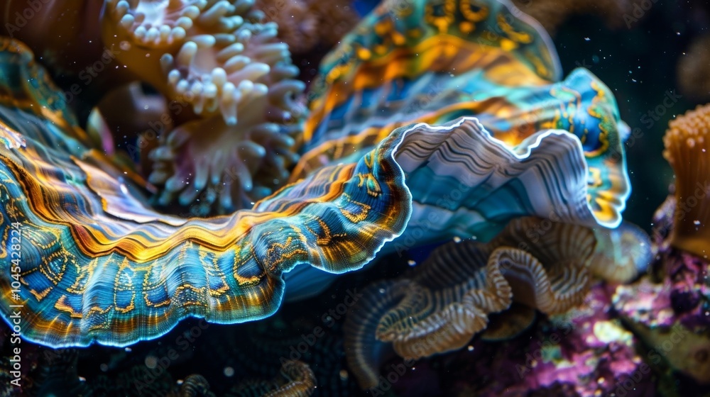 Poster close up of a giant clam showing the intricate patterns and fluorescent blue and yellow colors of it