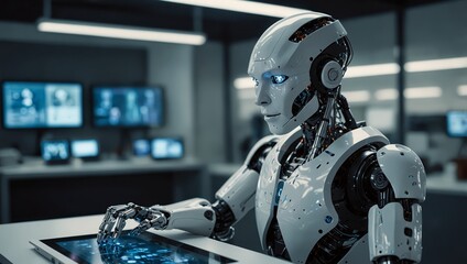 A sleek, humanoid robot working in a high-tech lab, interacting with touchscreens and holographic interfaces. The setting is a bright, modern lab filled with cutting-edge technology and machinery