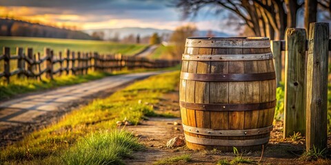Fototapeta premium Old whiskey barrel leaning against a rustic wooden fence in a rural landscape, weathered wood, rural landscape, rustic, old barrel