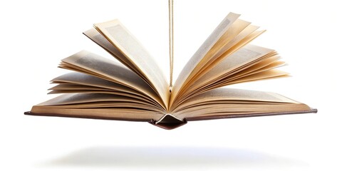Fototapeta premium Open book floating in the air isolated on a white background with reflection below