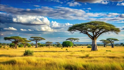 Obraz premium Open grassland with scattered acacia trees and a few baobabs in the background, wildlife photography, wild grasses, insects, bushes