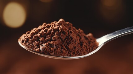 Macro shot of cocoa powder on a spoon, its fine grains captured in detail with a soft blurred backdrop