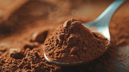 Macro shot of cocoa powder on a spoon, its fine grains captured in detail with a soft blurred backdrop