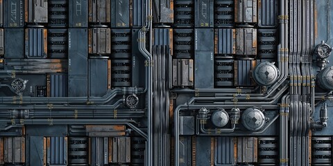 Obraz premium Industrial Metal Panel with Pipes and Wires