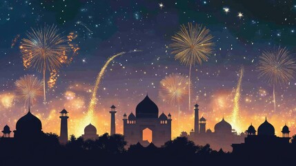 Naklejka premium Bright fireworks in the night sky above a South Asian city, celebrating with space for copy