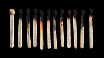 Matchsticks, some partially burned, arranged against a black backdrop, highlighting the contrast between ignition and decay