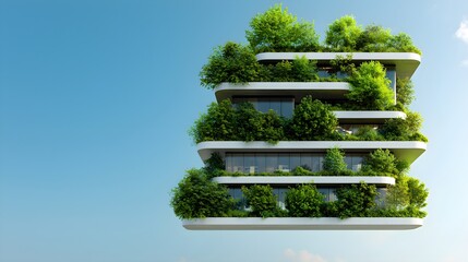 Futuristic eco-friendly building with lush greenery