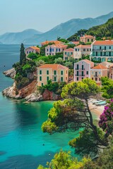 Naklejka premium A picturesque coastal village nestled on a hillside overlooking a calm turquoise sea. The village is a cluster of colorful houses with terracotta roofs, surrounded by lush greenery.