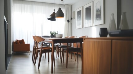 Minimalist dining area featuring mid-century modern furniture, sleek wood and leather chairs, and a warm, muted Scandinavian color scheme.