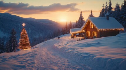 Fototapeta premium Snow-covered hills at sunset, with a trail leading to a cozy cabin decorated for Christmas.