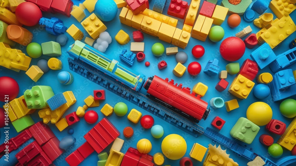 Poster a red and blue toy train with a ruler track on a blue background with colorful building blocks and b
