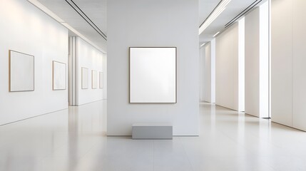 Obraz premium Blank mockup template of a framed artwork on display in a minimalist gallery with white walls and subtle lighting.