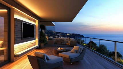 Fototapeta premium Modern luxury apartment with a beautiful balcony, cushioned chairs, and a sleek television on the wall
