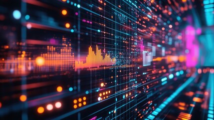 Neon-infused futuristic technology background featuring a glowing HUD display with 3D graphs and data points