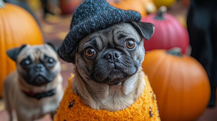Fototapeta premium Festive Halloween costumes for pets featuring various creative and fun costumes. Emphasizing spookiness and enjoyment. Ideal for pet owners and costume designers.