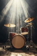 Fototapeta na wymiar Drum Set on Stage with Spotlights, Smoky Atmosphere. Ready for Live Concert, Music, Entertainment.