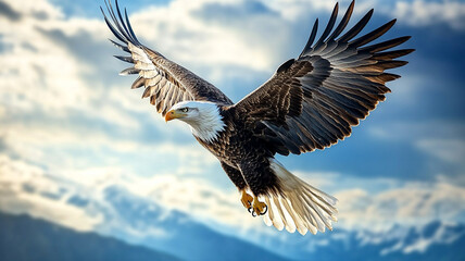 Fototapeta premium Eagle soaring through a bright blue sky, wings fully spread, with ample open sky for copy space.