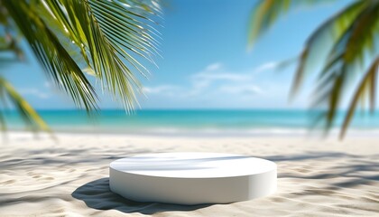 Obraz premium sandy beach with white podium and blurred sea backdrop for product showcase