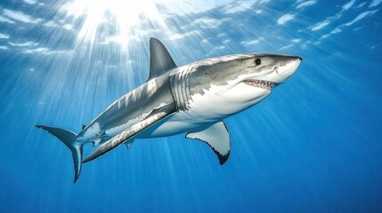 Obraz premium A great white shark swims through the ocean with sun rays beaming down.