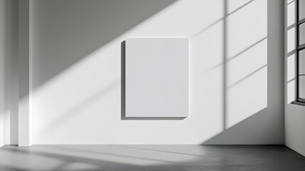Blank mockup template of a rectangular framed artwork on a white wall in a minimalistic gallery with soft lighting and shadows.