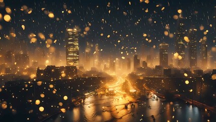 Fototapeta premium Blurry city shapes blend into darkness, while floating gold confetti enhances the enchanting nighttime scene