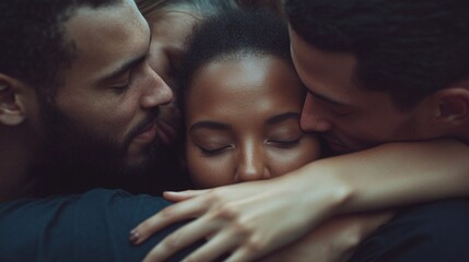 A group of people hugging each other, one of whom has her eyes closed