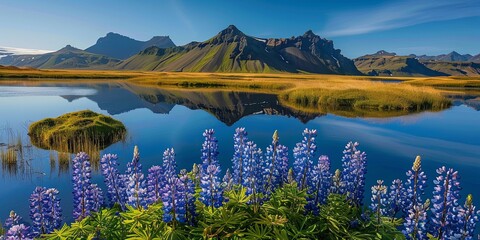 Naklejka premium A scenic view of a tranquil lake surrounded by lush green mountains and a field of purple lupine flowers.
