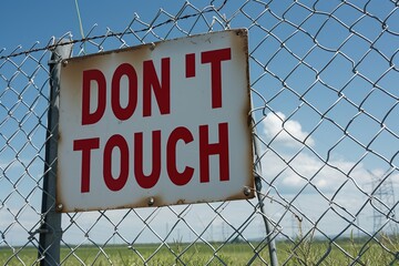 Zone danger sign outside a fenced high voltage area , display red text "DON'T TOUCH"