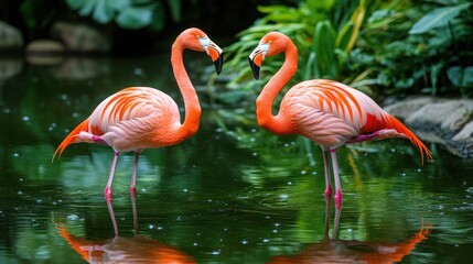 Two pink flamingos with long necks standing facing each other in a pond.