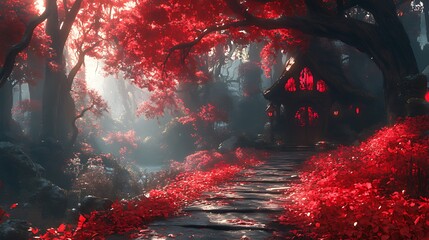 A magical cottage nestled amongst red trees in a mystical forest. The path leads to the cottage with a gentle stream flowing by.