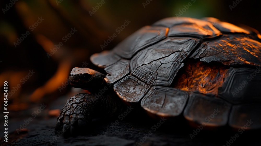 Poster a close-up of a turtle's shell, illuminated by the warm glow of the setting sun.