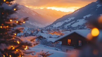 Fototapeta premium Sunset behind snow-covered mountains with a Christmas village glowing in the valley below.