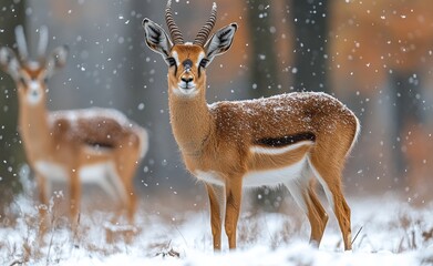 Obraz premium Winter snowflakes fall from a winter sky upon the graceful antelope in a snowy landscape
