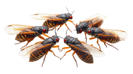 Detailed close-up of five cicadas interacting on a clear background highlighting their vibrant colors and distinct features.