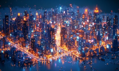 Naklejka premium Isometric city skyline at night with illuminated buildings, streets, and cars, showcasing vibrant urban life, 3D illustration