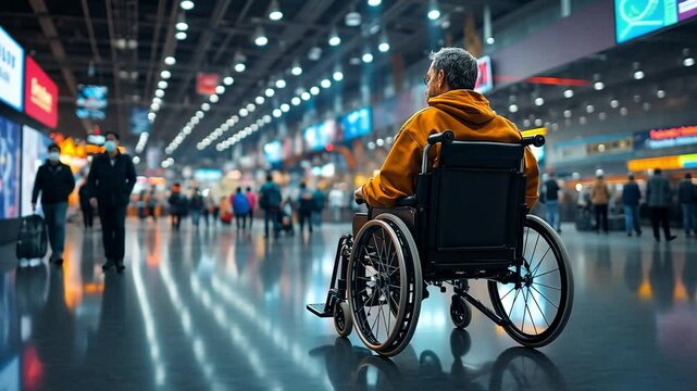 A man in a wheelchair explores a busy terminal filled with travelers during a bustling day