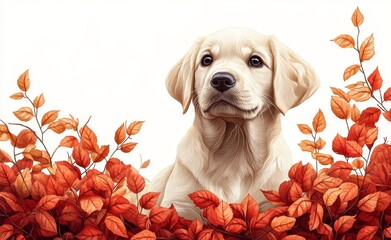 An autumn puppy plays in colorful leaves on a sunny day while enjoying the warm weather