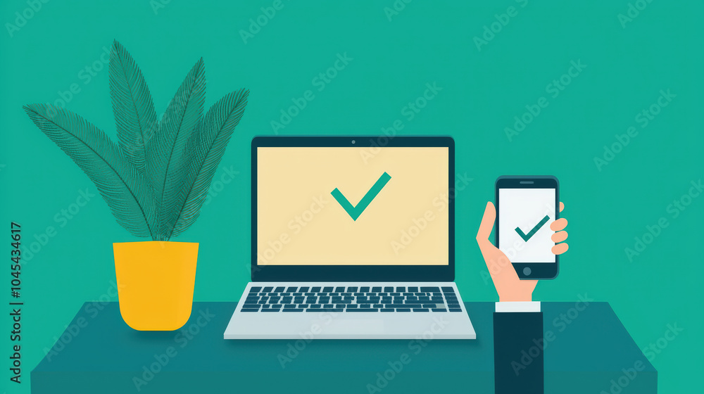 Poster modern workspace featuring laptop and smartphone with check marks, symbolizing productivity and effi
