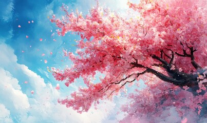 Watercolor cherry blossom tree in full bloom, with soft pink petals, vibrant and gentle, 3D illustration