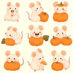 Obraz premium Set of cute little white mice with pumpkins. Vector illustration.