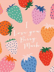 Strawberry colorful wallpaper print background. Fruit illustration isolated on background. Greeting card background with strawberries for your design