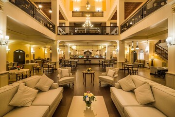 A spacious, luxurious hotel lobby with elegant furniture, a bar, and a grand staircase.