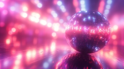 Colorful lights are seen behind a disco ball in this image.