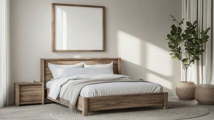 Fototapeta premium Serene bedroom scene featuring a stylish frame mockup for wall art, designed to enhance the cozy and inviting atmosphere of the space.