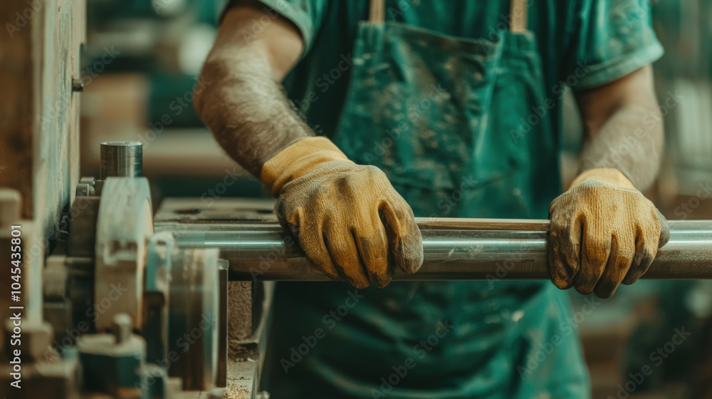 Poster man is working on lathe, skillfully handling metal rod with gloved hands. workshop environment is fi