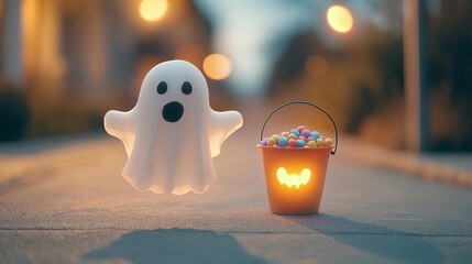 Little ghost floating down the street with a glowing candy bucket, moonlight casting eerie shadows, Halloween trick-or-treat, ghostly fun